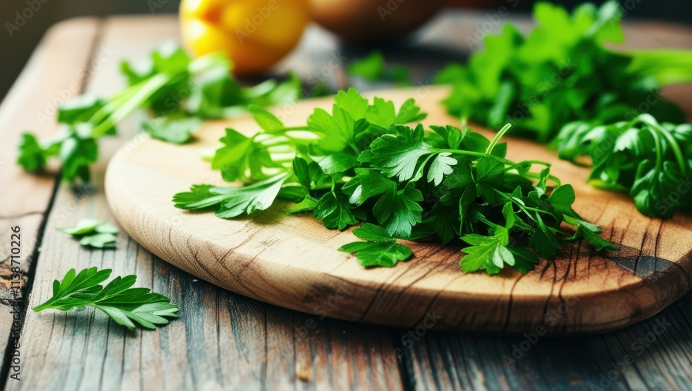 Fresh parsley, wooden cutting board, rustic table, vibrant green herbs, citrus fruit, soft natural lighting, food photography, culinary scene, organic ingredients, kitchen setting, crisp detail, shall Fresh parsley, wooden cutting board, rustic table, vibrant green herbs, citrus fruit, soft natural lighting, food photography, culinary scene, organic ingredients, kitchen setting, crisp detail, shall