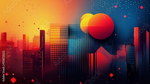 Colorful digital skyline with abstract shapes and vivid sunset in the background