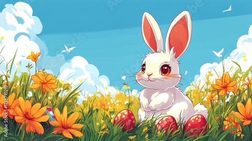 Happy bunny surrounded by colorful eggs in a vibrant garden during springtime