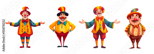 Circus clowns set. Cute clown cartoon characters, cirque mascot funny carnival costume for child birthday party show performance, joker artist harlequin actor vector illustration