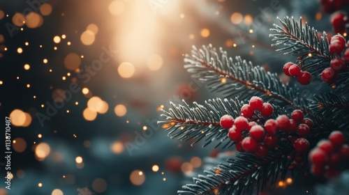 Winter snowfall with red berries and evergreen branches creating a festive at...