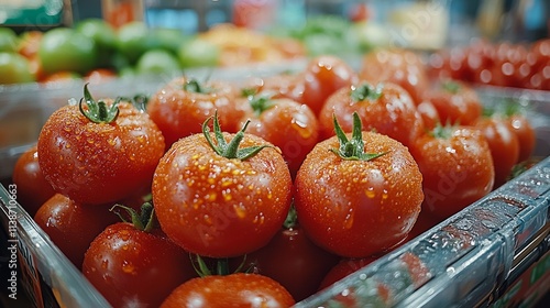 Fresh red tomatoes on display at a market after rain in summer