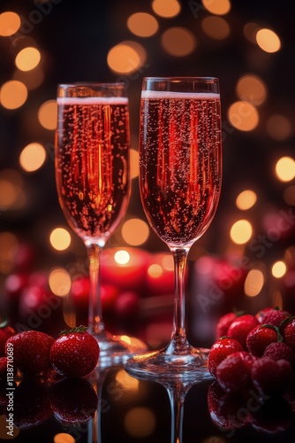 Sparkling beverage in a flute glass with strawberries and candlelight ambiance