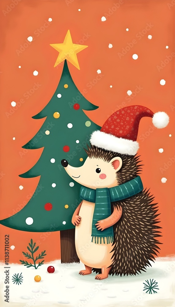 Fototapeta premium Cute Hedgehog with Santa Hat by Christmas Tree in Snow