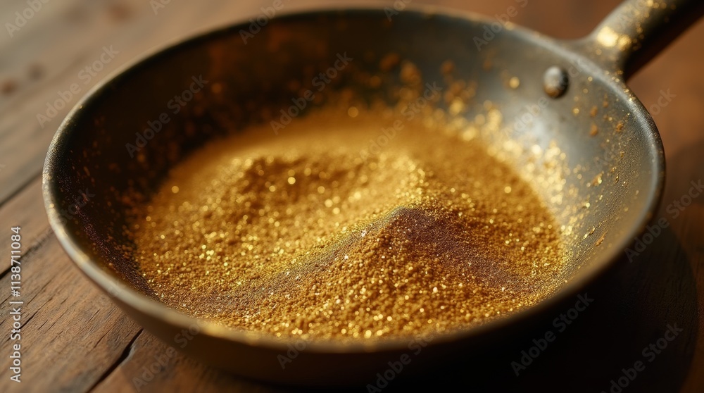 A close-up of a gold pan filled with gravel and small gold flakes, resting on a wooden surface A close-up of a gold pan filled with gravel and small gold flakes, resting on a wooden surface