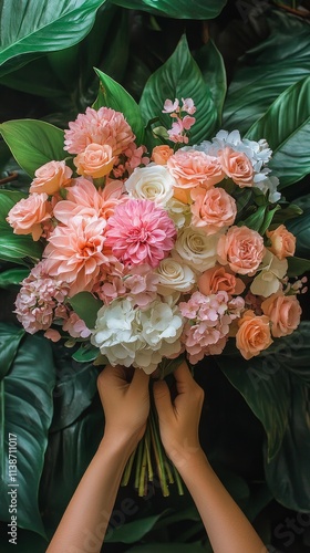 Beautiful bouquet of pastel flowers held against lush green leaves in natural...