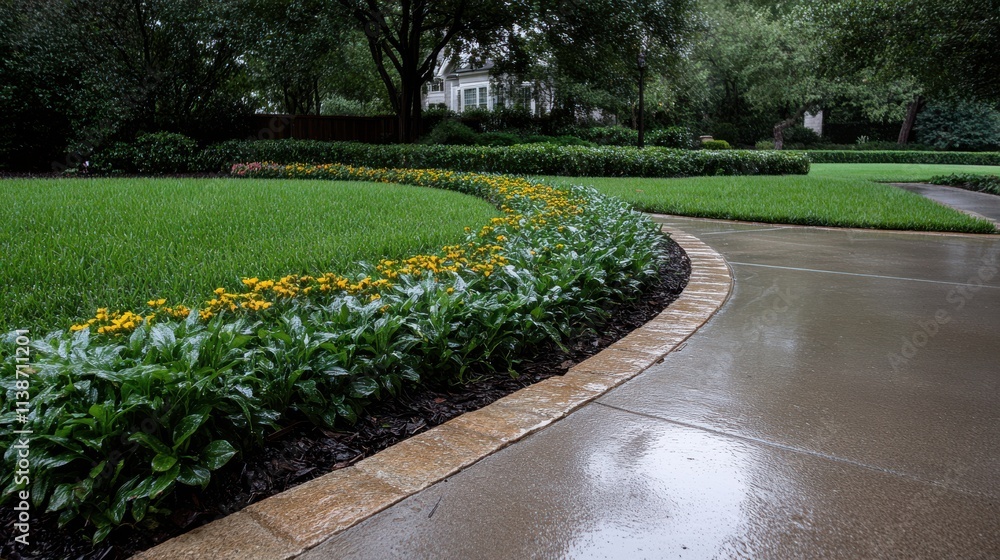 Obraz premium The winding garden path bordered by vibrant flowers and lush greenery beckons the viewer into a tranquil, well-manicured oasis under a cloudy sky.