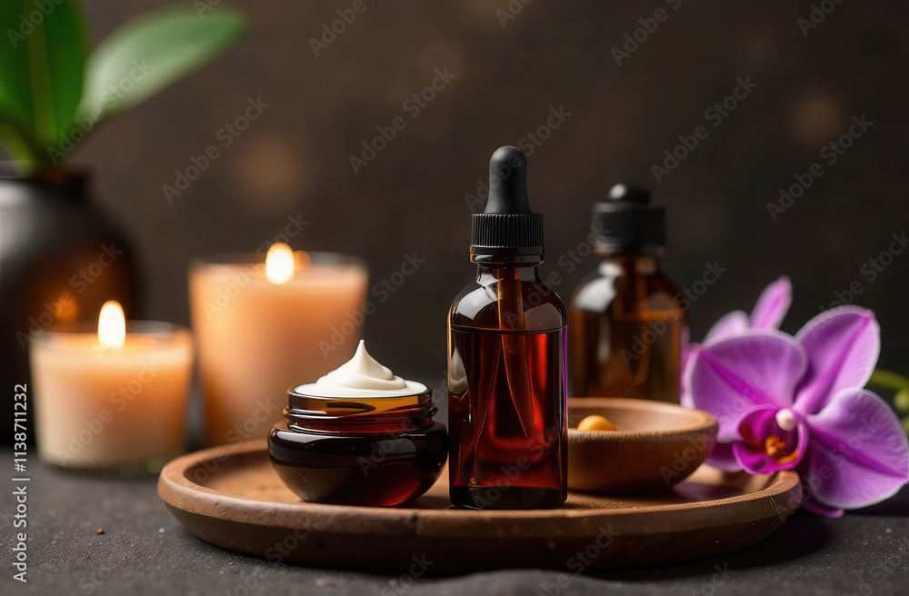 Cosmetics for a spa salon with orchids on a background of candles. Massage oil and cream on a wooden surface. Skin care products in cosmetology. Serum and skin cream. Cosmetics for a spa salon with orchids on a background of candles. Massage oil and cream on a wooden surface. Skin care products in cosmetology. Serum and skin cream.