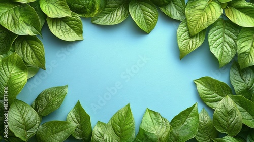 Green leaves arranged on a blue background for decorative purposes and botani...