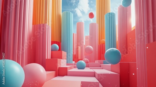Colorful play area with pastel balls and striped cylinder in bright surroundings