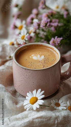 Coffee cup surrounded by daisies on a rustic wooden table in a cozy setting