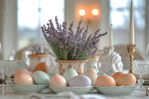 Spring table setting with pastel eggs and lavender centerpiece for festive de...