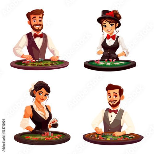 Croupier characters. Cartoon croupiers woman man character casino game dealer gambling bet mascot set, man woman at pling table desk with play chips and cards vector illustration