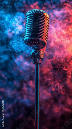 Vintage microphone surrounded by colorful smoke at a music event in an intima...