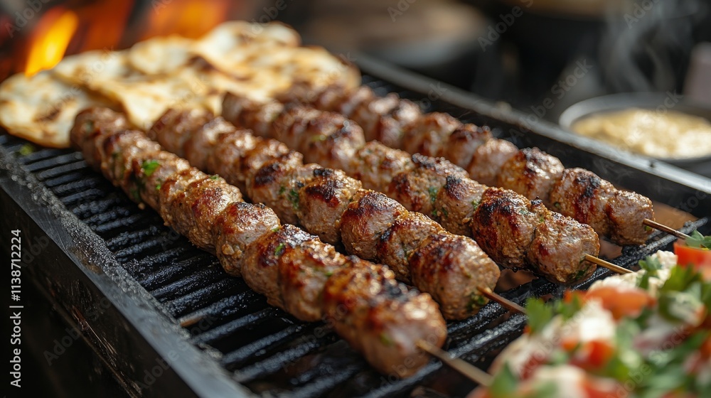 Delicious kebabs cooking on the grill at a summer outdoor gathering in the evening Delicious kebabs cooking on the grill at a summer outdoor gathering in the evening