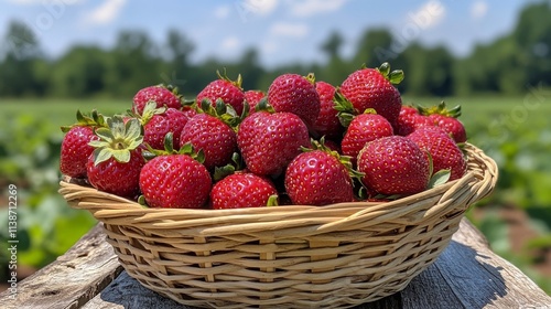 Freshly picked strawberries in a rustic basket surrounded by lush green fields