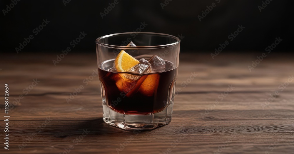 Deep brown spirit rests in a glass, dark wooden surface , winter, scotch Deep brown spirit rests in a glass, dark wooden surface , winter, scotch