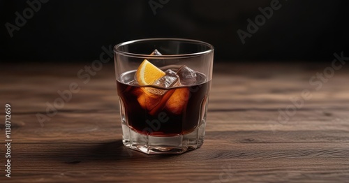 Deep brown spirit rests in a glass, dark wooden surface , winter, scotch