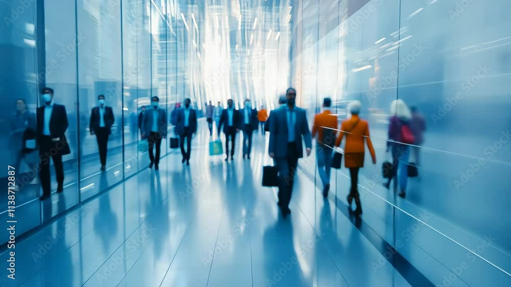 abstract Business people walking in blur in a background modern building corridor blurred Modern open space office interior or call centre