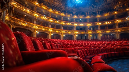 Grand interior of a historic theater with elegant red seating and ornate arch...