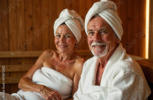 Elderly man and woman in a sauna in a spa salon. An elderly happy couple is relaxing in a wooden bathhouse. An older man and woman in a white robe and towel in the sauna.