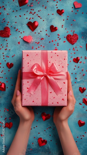 Gift box wrapped in pink ribbon surrounded by decorative hearts on a blue bac...