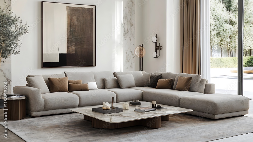 Fototapeta premium Beautiful Modern Living room Interior with furniture's ,mockup frame , posters, wall -3d Rendering