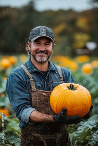 Farmer in a pumpkin field holding a large orange pumpkin during harvest season