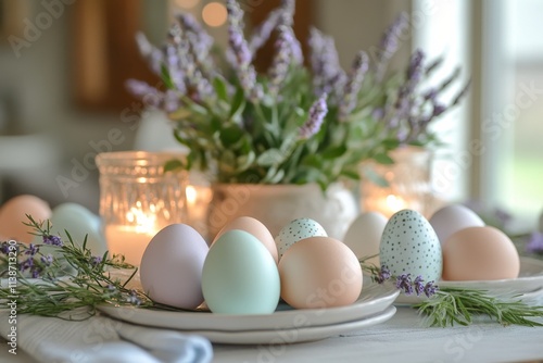 Spring table setting with pastel eggs and lavender centerpiece for festive de...