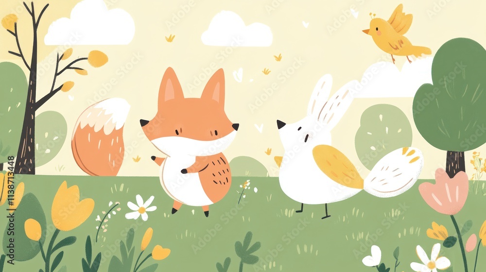 Cute fox, rabbit, and bird on a field. Cute fox, rabbit, and bird on a field.