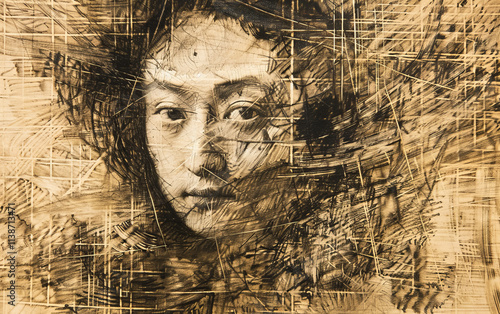 Wallpaper Mural Asian style art poster with black and white abstract sketches on linen paper depicting Asian culture. Ideal banner background for social media covers or splash screens. Torontodigital.ca