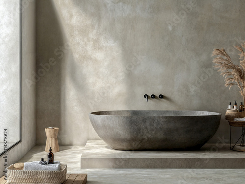 A minimalist bathroom features a freestanding stone bathtub, placed on a platform with a textured microcement finish