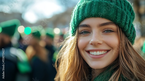 Smiling friends celebrate together at a festive gathering wearing green acces...