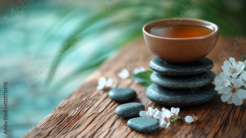 Relaxing herbal tea with colorful flower petals and smooth stones on a wooden...