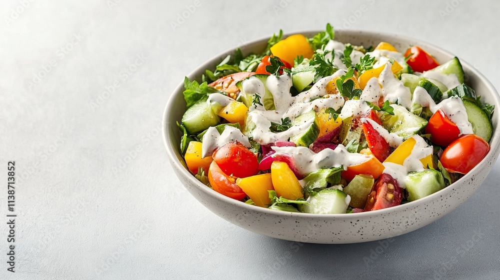 Fresh salad with tomatoes, cucumbers, and creamy dressing in a bowl. Fresh salad with tomatoes, cucumbers, and creamy dressing in a bowl.