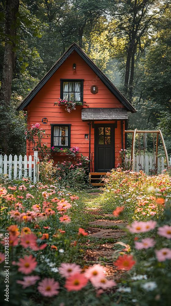 A delightful playhouse stands amidst blooming flowers in a lush garden. Bright colors and greenery create a whimsical atmosphere for children to enjoy A delightful playhouse stands amidst blooming flowers in a lush garden. Bright colors and greenery create a whimsical atmosphere for children to enjoy