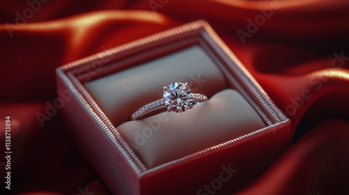 Engagement ring displayed in a velvet box on a rich red fabric