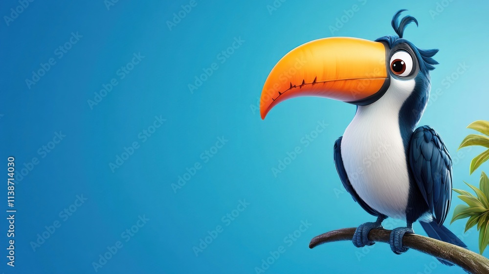 Obraz premium Cartoon toucan perches on branch with blue background.