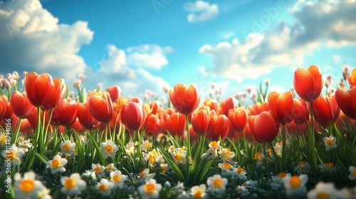Colorful tulips and daisies bloom under a clear blue sky in a vibrant floral ...