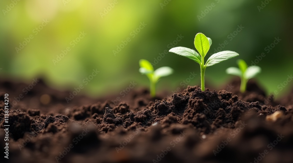 Fototapeta premium rich, dark garden soil with small seedlings emerging, showcasing the fertility and health of the soil