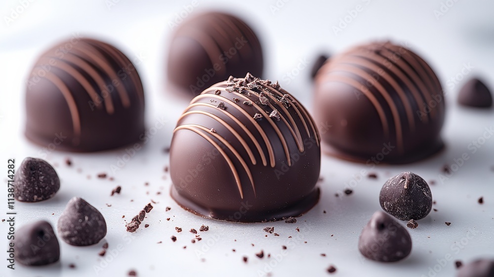Delicious Gourmet Chocolate Truffles with Drizzle, Ideal for Celebrations and Gifts, Featuring Rich Dark Chocolate and Beautiful Presentation on a White Surface Delicious Gourmet Chocolate Truffles with Drizzle, Ideal for Celebrations and Gifts, Featuring Rich Dark Chocolate and Beautiful Presentation on a White Surface