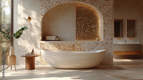Elegant bathroom design with a modern freestanding tub and gold accents