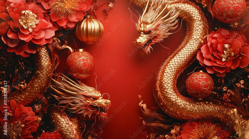custom made wallpaper toronto digitalA luxurious design featuring golden dragons entwined with vibrant red flowers and lanterns, perfect for Lunar New Year celebrations and festive invitations.