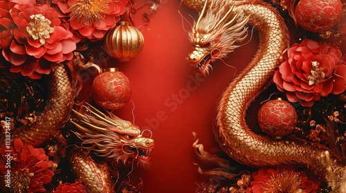 Wallpaper Mural A luxurious design featuring golden dragons entwined with vibrant red flowers and lanterns, perfect for Lunar New Year celebrations and festive invitations. Torontodigital.ca