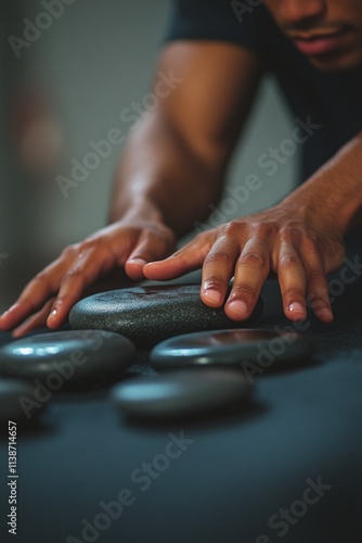 Hand arranging smooth stones on a wet surface for relaxation or meditation ac...