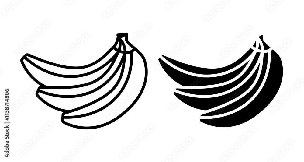 Banana Icons set in solid and thin line style Banana Icons set in solid and thin line style