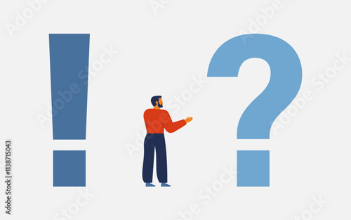 Man between question mark and exclamation mark. Metaphor of uncertainty, decision-making, internal conflict, doubt and decisiveness. Struggle to move from questioning to action. Vector illustration