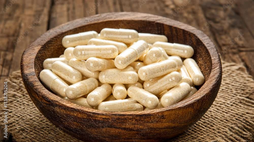Natural dietary supplements displayed in a wooden bowl on textured fabric background Natural dietary supplements displayed in a wooden bowl on textured fabric background