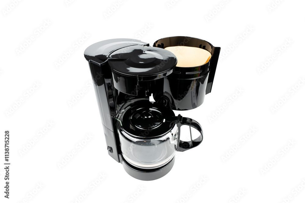 Coffee maker with glass carafe and cup. Black coffee maker on a transparent background PNG. Coffee maker with glass carafe and cup. Black coffee maker on a transparent background PNG.