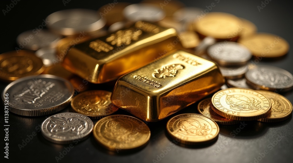 Various precious metals such as gold bars, silver coins, and platinum ingots arranged on a dark surface, softly reflecting light, emphasizing wealth and high value. Various precious metals such as gold bars, silver coins, and platinum ingots arranged on a dark surface, softly reflecting light, emphasizing wealth and high value.